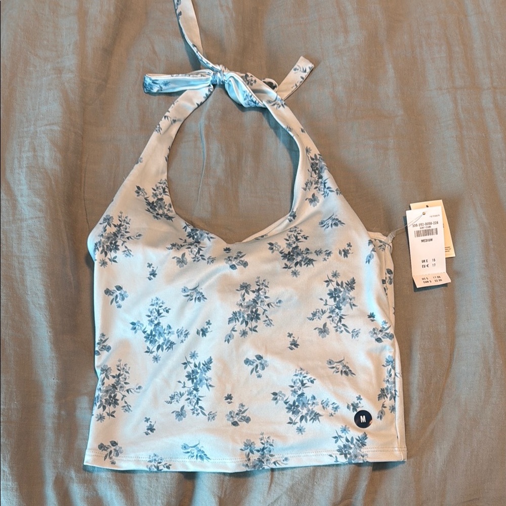 Hollister White and Blue Crop Tie Front Tank Top